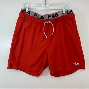 Fila Swim Trunks Men 1X Red Spell Out Pockets Drawstring Y2K Mesh Brief 5”